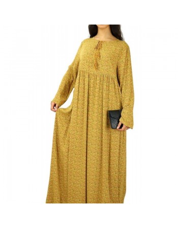 Robe longue viscose fluide et ample avec imprimé fleuri - Couleur Jaune Moutarde 
