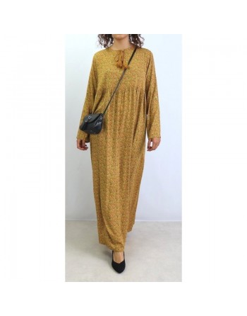 Robe longue viscose fluide et ample avec imprimé fleuri - Couleur Jaune Moutarde 