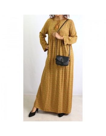 Robe longue viscose fluide et ample avec imprimé fleuri - Couleur Jaune Moutarde 