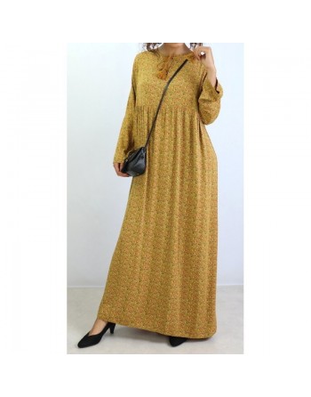 Robe longue viscose fluide et ample avec imprimé fleuri - Couleur Jaune Moutarde 