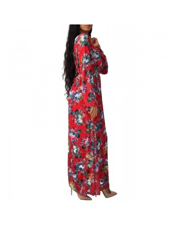 Robe d'été longue fleurie et fluide pour femme - Couleur Rouge 