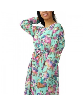 Robe longue fleurie et fluide pour femme - Couleur Vert d'eau 