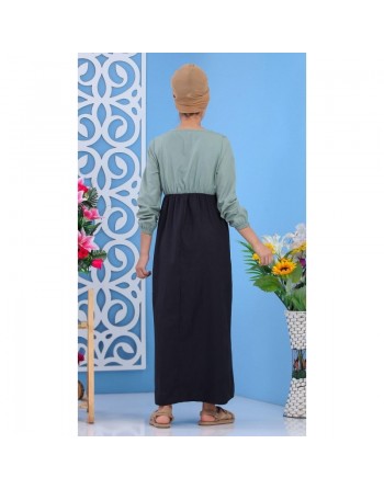 Robe longue bi-couleur à boutons pour femme - Couleur vert amande 