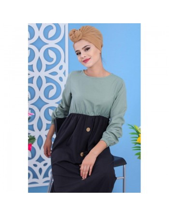 Robe longue bi-couleur à boutons pour femme - Couleur vert amande 