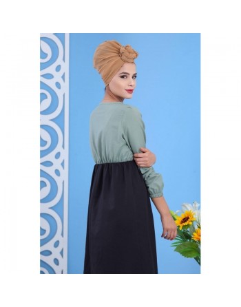 Robe longue bi-couleur à boutons pour femme - Couleur vert amande 