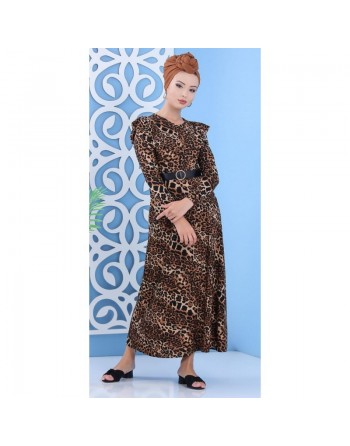 Robe longue à imprimés léopard avec ceinture pour femme 