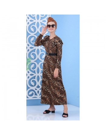 Robe longue à imprimés léopard avec ceinture pour femme 