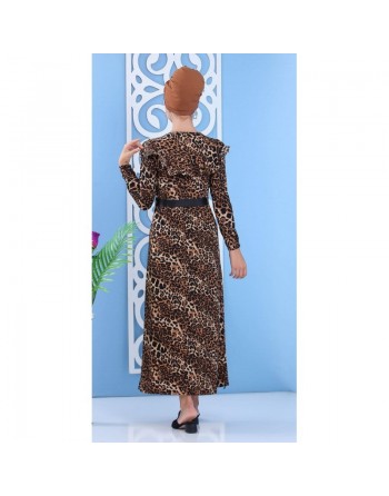 Robe longue à imprimés léopard avec ceinture pour femme 