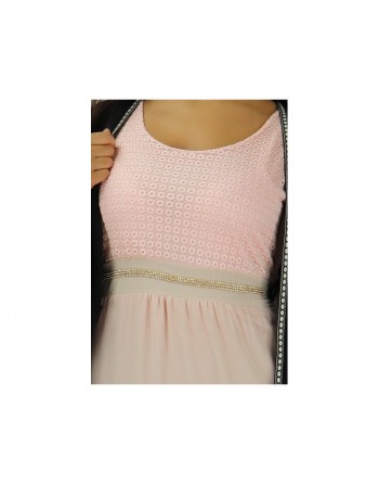 Robe longue (sans manches) à strass et dentelles pour femme - Couleur Rose 
