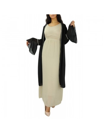 Robe longue (sans manches) à strass et dentelles - Couleur Beige 