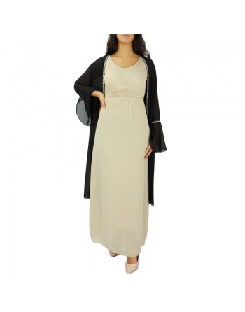 Robe longue (sans manches) à strass et dentelles - Couleur Beige 
