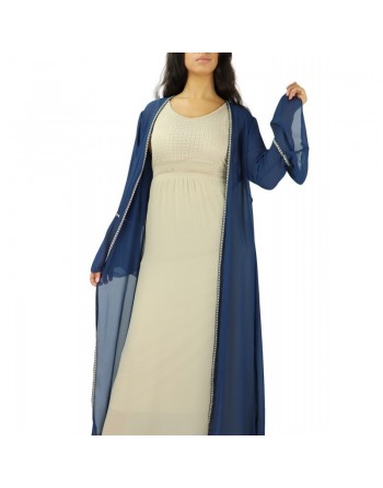 Robe longue (sans manches) à strass et dentelles - Couleur Beige 
