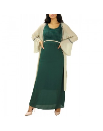 Robe longue (sans manches) à strass et dentelles - Couleur Vert émeraude 