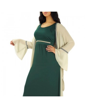 Robe longue (sans manches) à strass et dentelles - Couleur Vert émeraude 