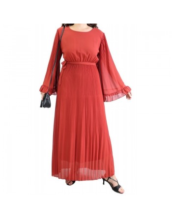 Robe longue fluide plissée avec manches évasées pour femme - Taille Standard - Couleur Brique 