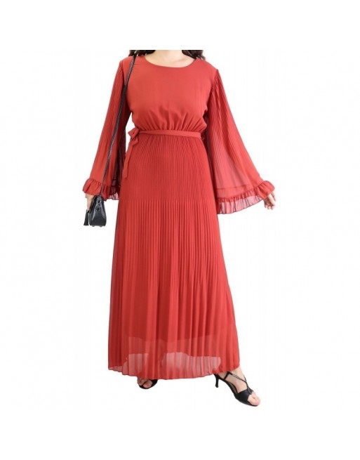 Robe longue fluide plissée avec manches évasées pour femme - Taille Standard - Couleur Brique Robe longue fluide plissée avec manches évasées pour femme - Taille Standard - Couleur Brique
