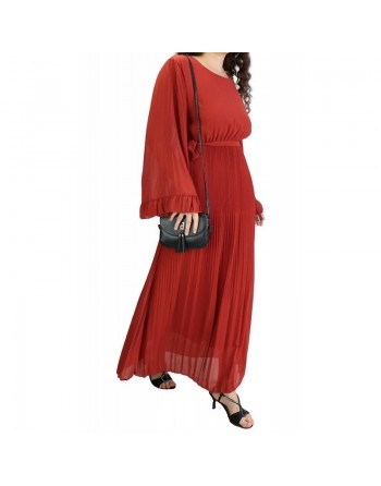 Robe longue fluide plissée avec manches évasées pour femme - Taille Standard - Couleur Brique 