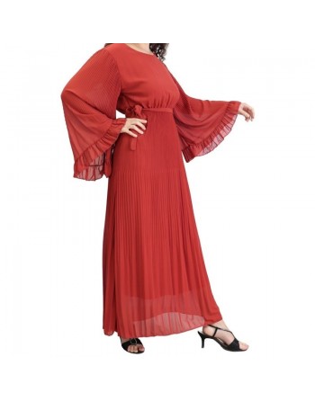 Robe longue fluide plissée avec manches évasées pour femme - Taille Standard - Couleur Brique 