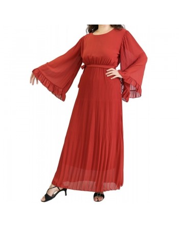 Robe longue fluide plissée avec manches évasées pour femme - Taille Standard - Couleur Brique 