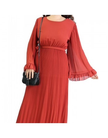 Robe longue fluide plissée avec manches évasées pour femme - Taille Standard - Couleur Brique 