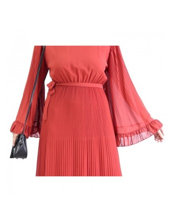 Robe longue fluide plissée avec manches évasées pour femme - Taille Standard - Couleur Brique 