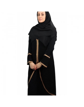 Abaya Dubai noire avec son voile (écharpe) décorée de bandes marrons et strass (Robe pour femme voilée) 