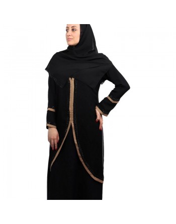 Abaya Dubai noire avec son voile (écharpe) décorée de bandes marrons et strass (Robe pour femme voilée) 