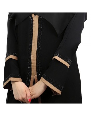 Abaya Dubai noire avec son voile (écharpe) décorée de bandes marrons et strass (Robe pour femme voilée) 