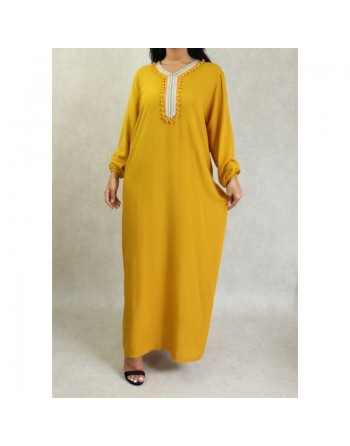 Robe de maison et d'été pas cher à pompons pour femme - Couleur Jaune moutarde 