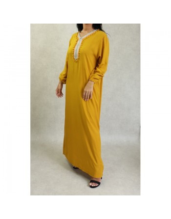 Robe de maison et d'été pas cher à pompons pour femme - Couleur Jaune moutarde 