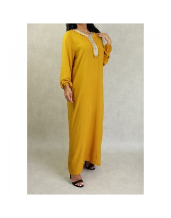 Robe de maison et d'été pas cher à pompons pour femme - Couleur Jaune moutarde 