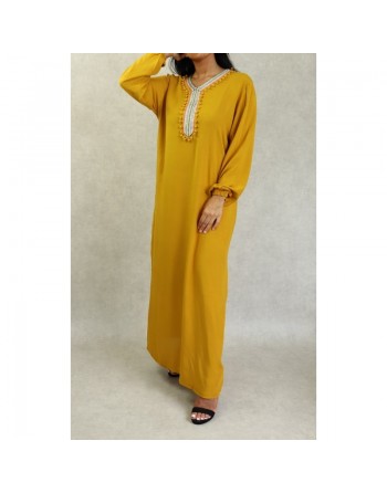 Robe de maison et d'été pas cher à pompons pour femme - Couleur Jaune moutarde 