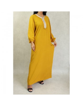 Robe de maison et d'été pas cher à pompons pour femme - Couleur Jaune moutarde 