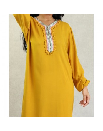 Robe de maison et d'été pas cher à pompons pour femme - Couleur Jaune moutarde 