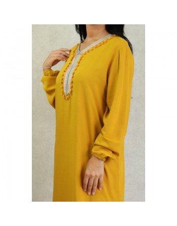 Robe de maison et d'été pas cher à pompons pour femme - Couleur Jaune moutarde 