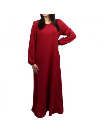 Robe longue casual basic manches longues avec zip et poches pour femme - Couleur rouge bordeaux 