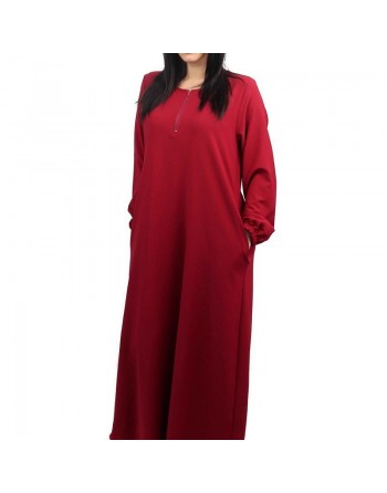 Robe longue casual basic manches longues avec zip et poches pour femme - Couleur rouge bordeaux 