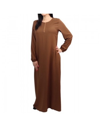 Robe longue simple manches longues avec ouverture zip pour femme - Couleur Marron 