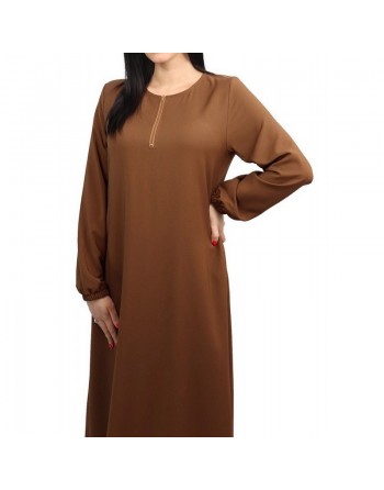Robe longue simple manches longues avec ouverture zip pour femme - Couleur Marron 