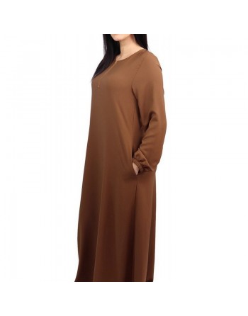 Robe longue simple manches longues avec ouverture zip pour femme - Couleur Marron 