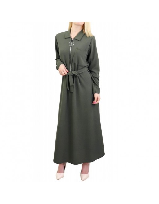 Robe longue fermeture zip avec ceinture pour femme (Taille standard s'adapte aux grandes tailles) - Vert Kaki Robe longue fermeture zip avec ceinture pour femme (Taille standard s'adapte aux grandes tailles) - Vert Kaki