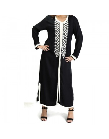 Robe Marocaine / Gandoura à manches longues avec broderie blanche - Couleur Noir 