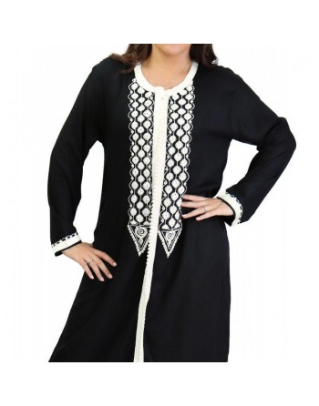 Robe Marocaine / Gandoura à manches longues avec broderie blanche - Couleur Noir 