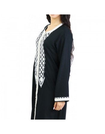 Robe Marocaine / Gandoura à manches longues avec broderie blanche - Couleur Noir 