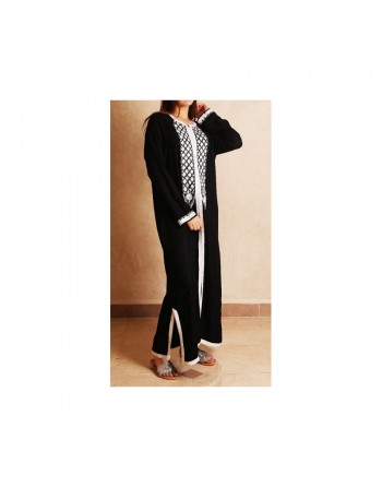 Robe Marocaine / Gandoura à manches longues avec broderie blanche - Couleur Noir 