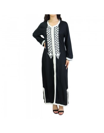 Robe Marocaine / Gandoura à manches longues avec broderie blanche - Couleur Noir 