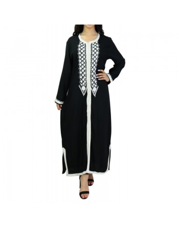 Robe Marocaine / Gandoura à manches longues avec broderie blanche - Couleur Noir 