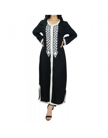 Robe Marocaine / Gandoura à manches longues avec broderie blanche - Couleur Noir 