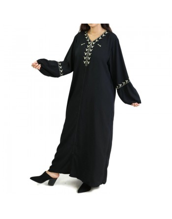 Robe (Abaya) manches longues avec motifs et fermeture devant - Couleur Noir 