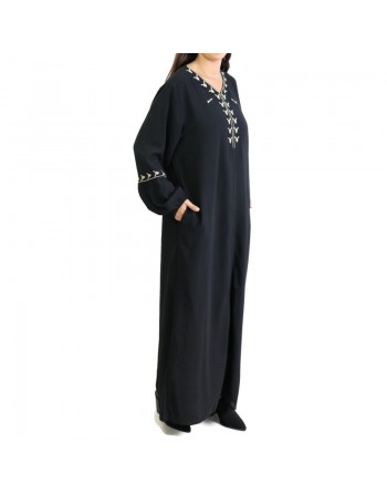 Robe (Abaya) manches longues avec motifs et fermeture devant - Couleur Noir 